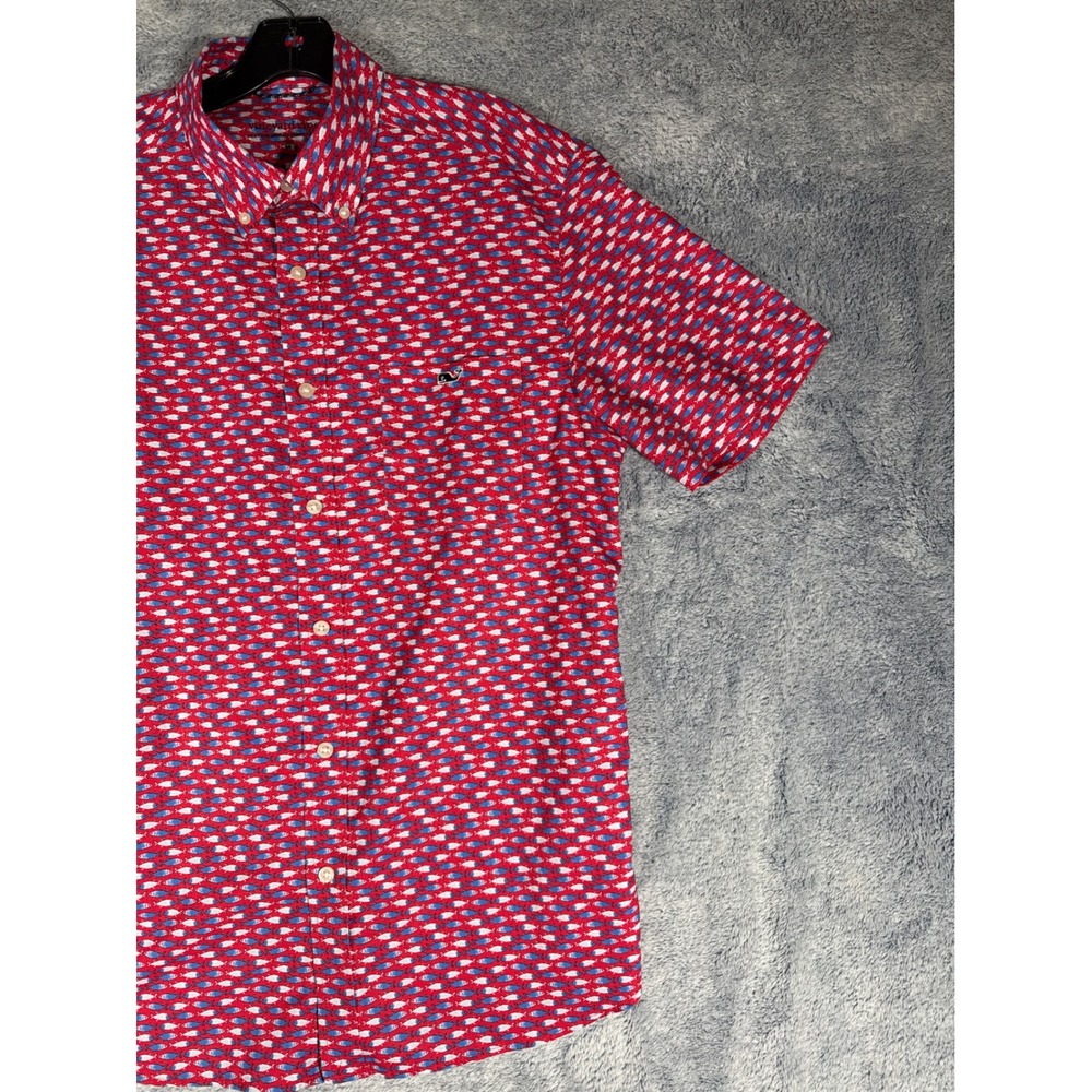 Vineyard Vines Mens Medium Performance Fish Print Short Sleeve Button Down Shirt - Picture 6 of 13